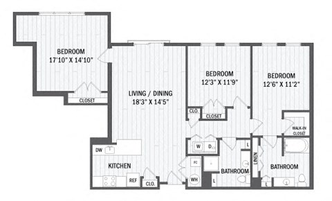 Floor plan for 3 beds, 2 baths, 1336 sqft